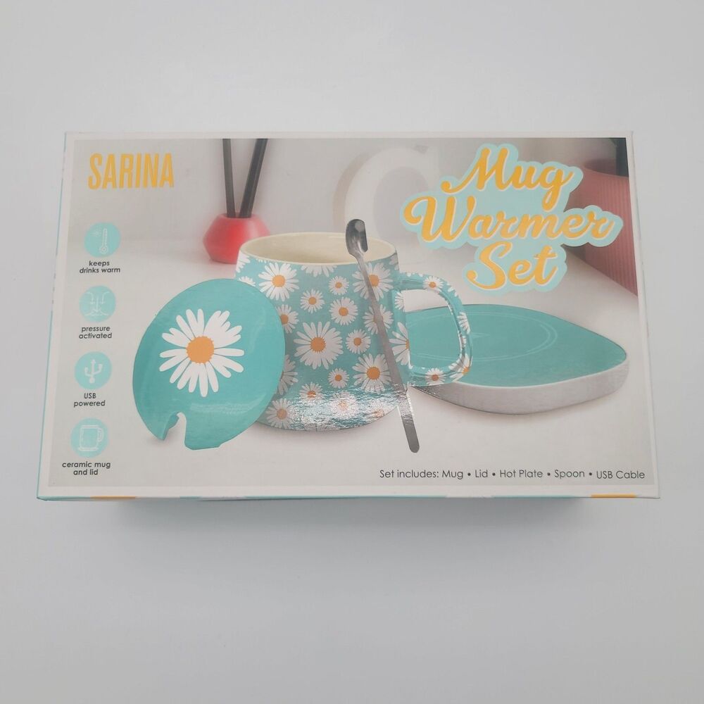 Sarina Daisy Mug Warmer Set Teal Blue Ceramic Cup Lid Spoon USB Hot Plate NIB